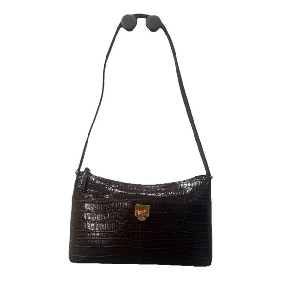 Etienne Aigner Dark Brown Purse Croc Embossed Cowhide Leather Shoulder Strap Bag - Picture 1 of 16